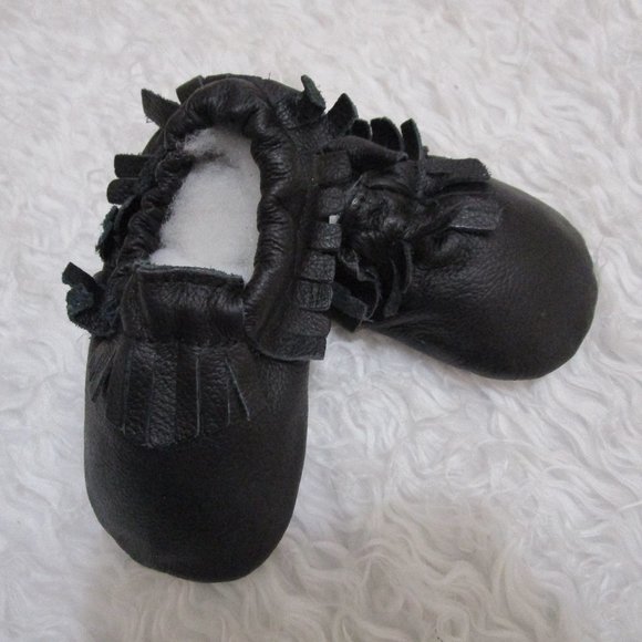 Sz 18-24M Baby Charcoal Black Leather Moccasins Fringe Crib Soft Sole Shoes - Picture 3 of 7